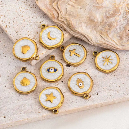 8 Stück Edelstahl Lila Rosa Emaille Herz Auge Sonne Mond Runde Anhänger für DIY Armband Ohrring Halskette Schmuckzubehör