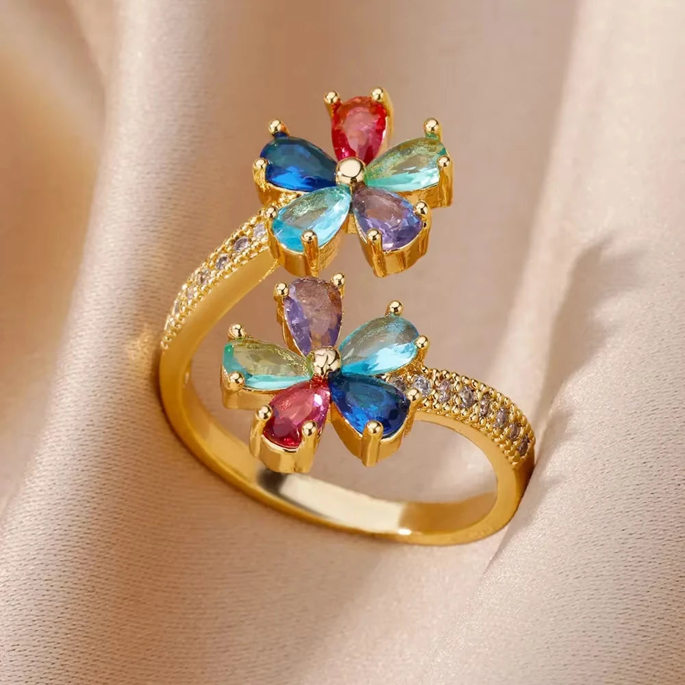Luxus Edelstahl Ringe Vergoldet Bunte Stein Zirkon Kristall Herz Ring Für Frauen Hochzeit Boho Schmuck Weihnachtsgeschenk