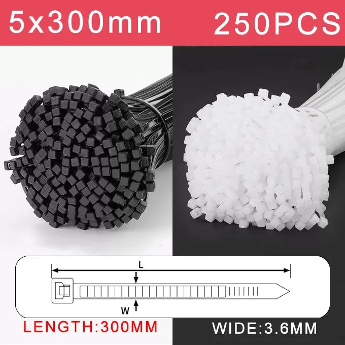 250/500/1000 Stück selbstsichernde weiße schwarze Kunststoff-Nylon-Kabelbinder, Befestigungsring, Nylon-Klemmband mit Schloss, 3 x 100, 4 x 300 mm