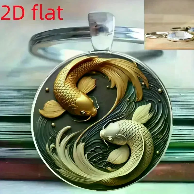 Modischer neuer 2D Yin Yang Koi runder Glas-Schlüsselanhänger, Glücksanhänger, modische Tasche und Autoschlüssel-Dekoration, Weihnachtsgeschenk
