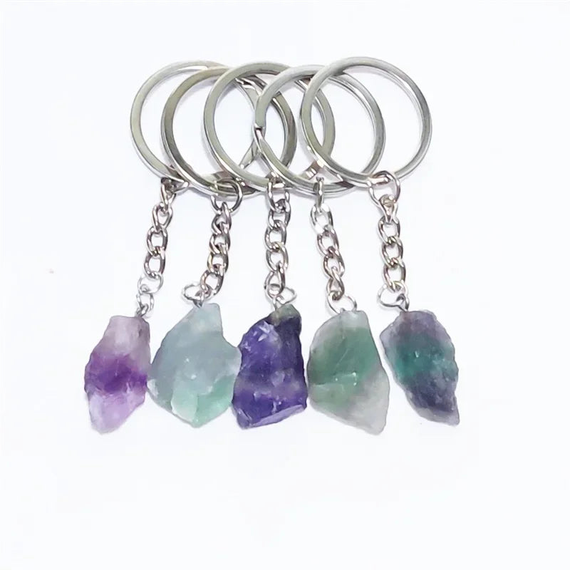 1pc natürliche rohe Erz grün Fluorit Stein Schlüssel ring Kristall quarze Schlüssel bund Frauen Männer Handtasche Mineral Schlüssel ring Schmuck