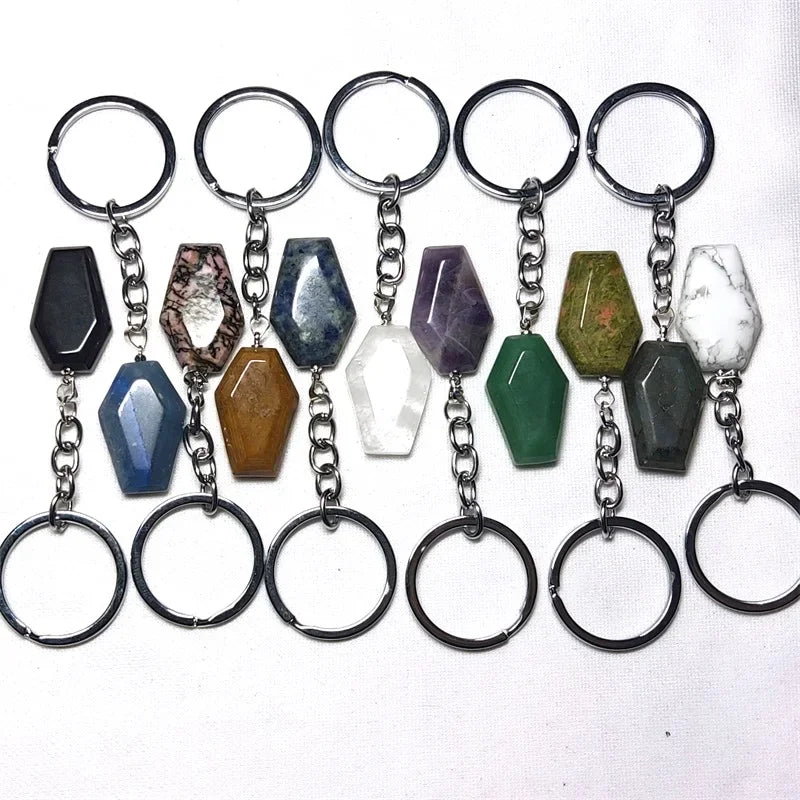 10 stücke Sarg Form Glück Natürliche Stein Schlüssel Ringe Quarz Kristall Achate Schlüsselanhänger Anhänger Schmuck Groß