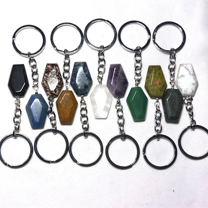 10 stücke Sarg Form Glück Natürliche Stein Schlüssel Ringe Quarz Kristall Achate Schlüsselanhänger Anhänger Schmuck Groß