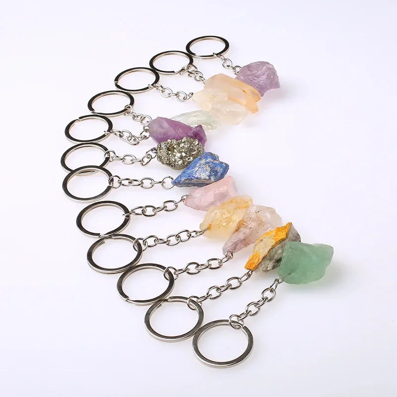 20 stücke Natürliche Raue Rohstein Kristall Quarz Schlüsselbund Frauen Männer Handtasche Hangle Auto Schlüssel Halter Raw Mineral Stein Schlüsselring schmuck