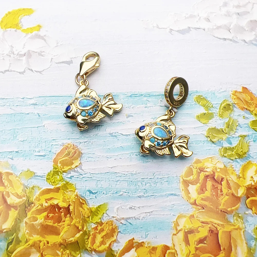 Bunte Fische vergoldet Anhänger Charms DIY Schmuck Sommer süß 100 % 925 Sterling Silber Geschenk