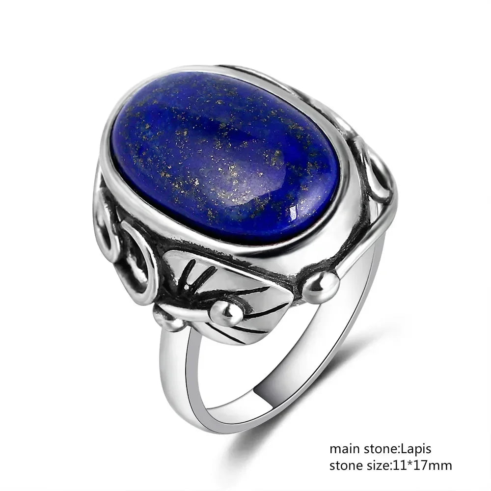 Silber S925 Ring Natürliche Große Oval Lapis Ringe für Männer Frauen Retro Luxus Edlen Schmuck Party Jahrestag Geschenk