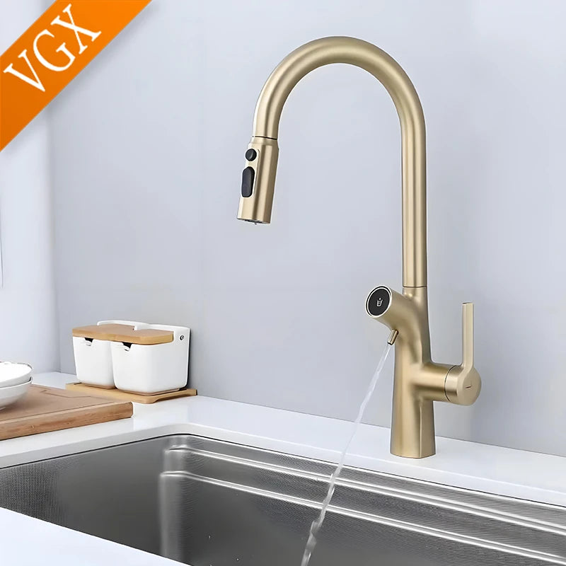 VGX Gold Wasserfilter Küchenarmatur mit Doppelauslauf, Reines Trinkwasser, Ausziehbarer Spültischmischer, Gourmet-Küchenarmatur