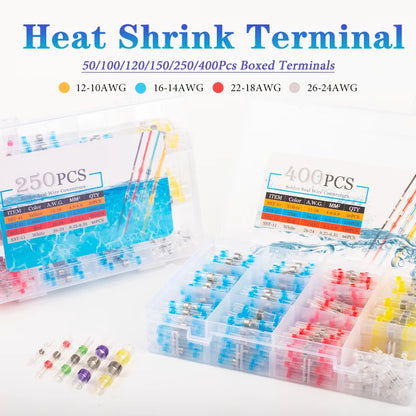 50/100/120/150/250/400 Stück verpackt 26–10 AWG 0,25–6 mm wasserdichte Lötdichtungshülse Spleißklemmen Wärmeschrumpf-Zinn-Stoßverbinder