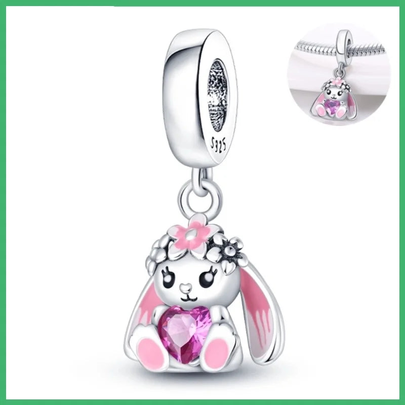 Blumen-Kaninchen-Charm-Anhänger aus 925er-Sterlingsilber mit Zirkonia, passend für DIY-Armband-Halskette, Geschenk für Sie, Colgante Plata