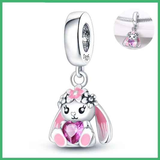Blumen-Kaninchen-Charm-Anhänger aus 925er-Sterlingsilber mit Zirkonia, passend für DIY-Armband-Halskette, Geschenk für Sie, Colgante Plata