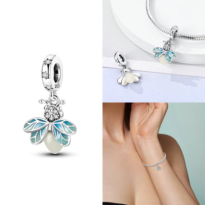 Neue Charms-Perle aus 925er-Sterlingsilber, rosa Schmetterling, leuchtende Glühwürmchen, baumelnd, passend für Armreifen, Halskette, DIY-Schmuck, Frauen-Geschenk