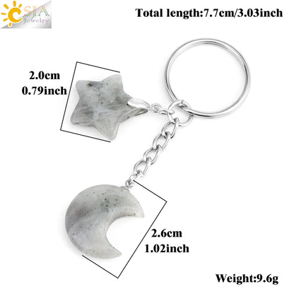CSJA Healing Naturstein Schlüsselbund Trendy Mond Sterne Charm Bead Anhänger Silber Farbe Halter Schlüssel Ring Auto Schlüssel Ring Tasche Dekor H368