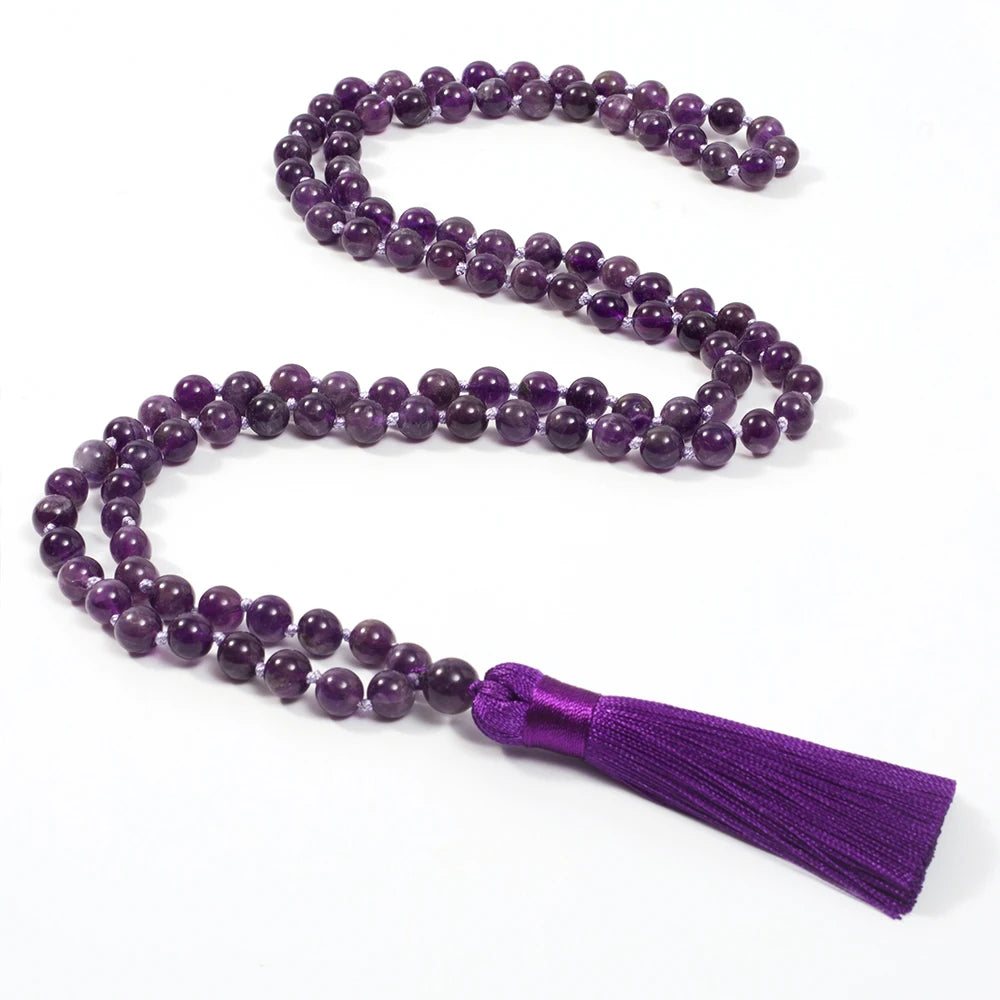 8mm Natürliche Amethyst-Perlen Geknotete 108 Japa Mala Gebetskette Meditations-Gebets-Yoga-Schmuck für Männer und Frauen