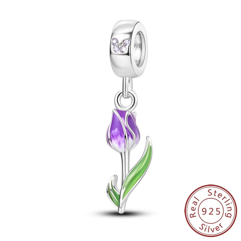 Charms-Perlen der Blumenserie, Original-Anhänger aus 925er-Sterlingsilber, Lotus-Tulpe, Rose, Nelke, passend für Armbänder, Damenschmuck, DIY-Geschenk