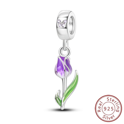 Charms-Perlen der Blumenserie, Original-Anhänger aus 925er-Sterlingsilber, Lotus-Tulpe, Rose, Nelke, passend für Armbänder, Damenschmuck, DIY-Geschenk