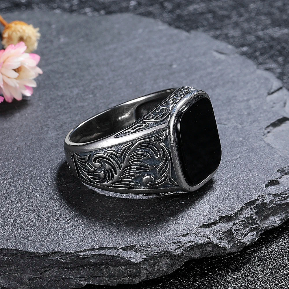 S925 Silver Jewelry Ring Natural 12*14mm Big Black Agate Stone Vintage Ring For Women Party Gifts