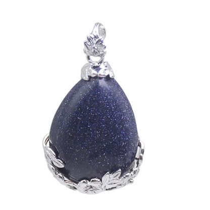 Damen-Naturstein, lila Kristall, Aventurin, Opal, Karneol, Onyx, Rosenquarz, Lapislazuli, Tropfenform, eingelegter Blumenanhänger aus Metall