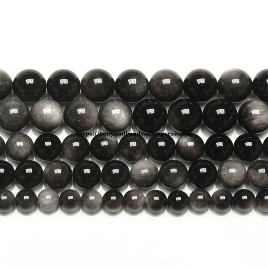 Naturstein Silber Farbe Obsidian Runde lose Perlen 15" Strang 4 6 8 10 12 14MM Auswahlgröße für die Schmuckherstellung