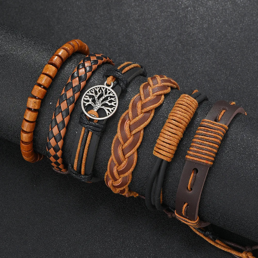 Punk Casual Bead6 Teil/satz Baum Schwarz Khaki Handgemachte Männer Armbänder Männlichen Frauen Leder Armbänder Männer Armreif Großhandel Schmuck Geschenk