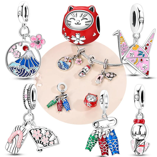 Original 925 Sterling Silber Charms Bead Japan Culture Series Sakura Anhänger passend für Original-Armband für Frauen DIY Schmuck Geschenk