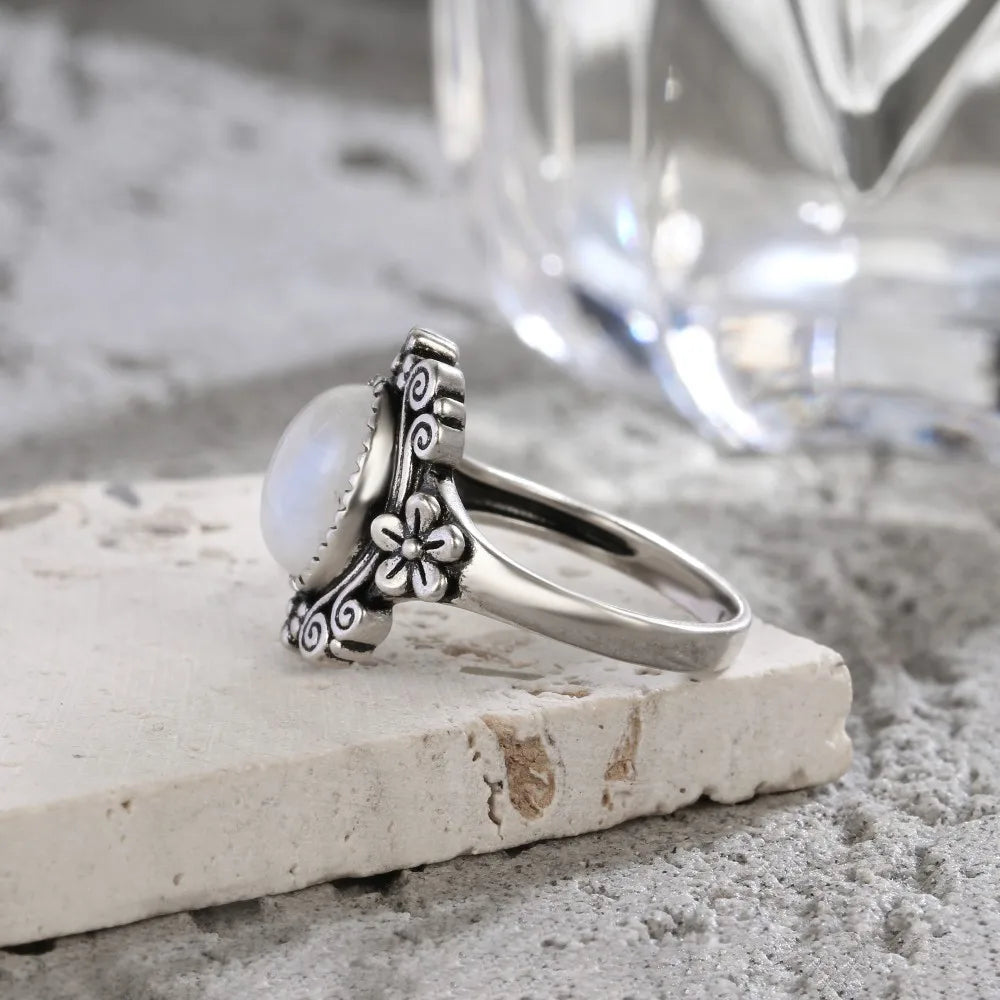 925 Silber Blume 8 * 10 mm Mondstein Ring Vintage Stil Damen Party Schmuck Geschenk für Frauen