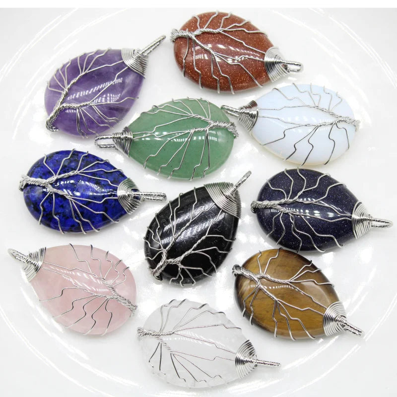 Naturstein-Kristall-Anhänger, Baum des Lebens, Amethyste, Rosen, Quarz, Kupferdraht, Draht umwickelt, trendige Schmuckherstellung, Großhandel, 6 Stück