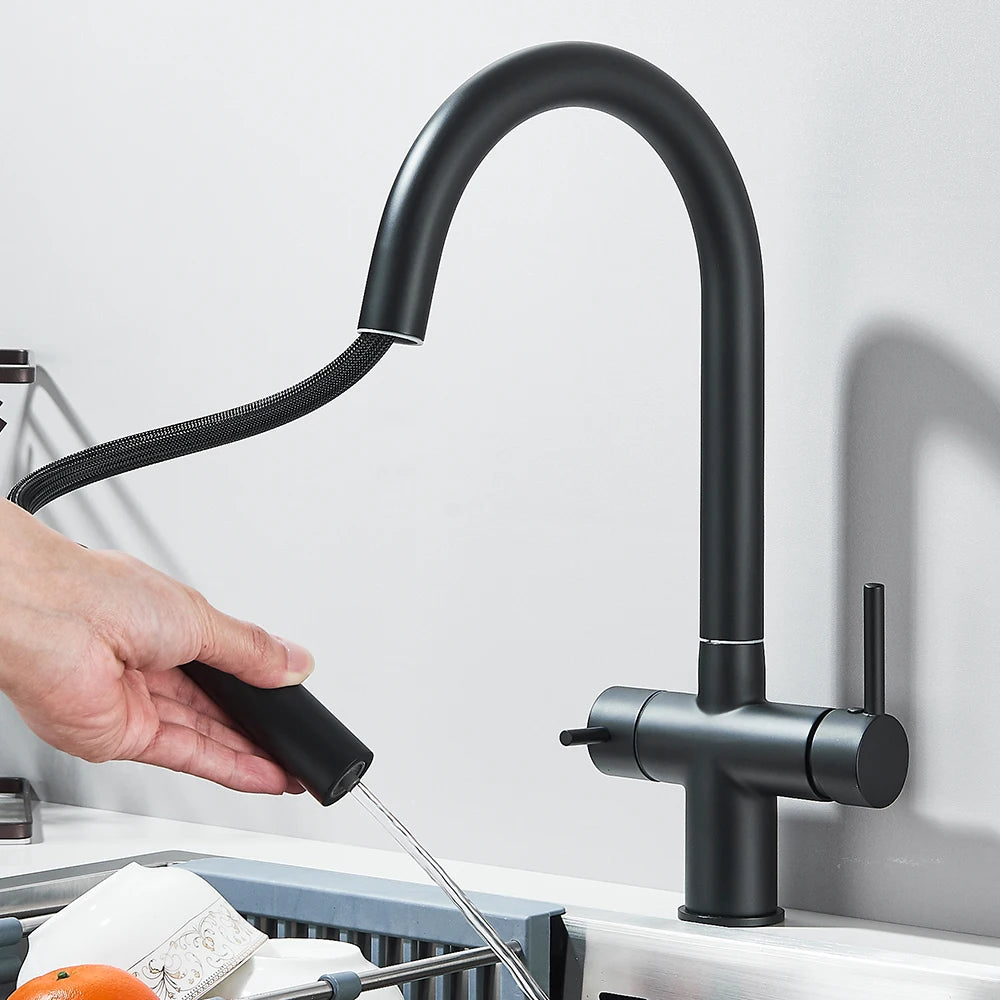 Gefilterter Küchenspüle-Wasserhahn mit einziehbarem Sprühgerät, Messing-Wasserfilterhahn, Trinkwasserhahn, Waschbeckenmischer für die Küche