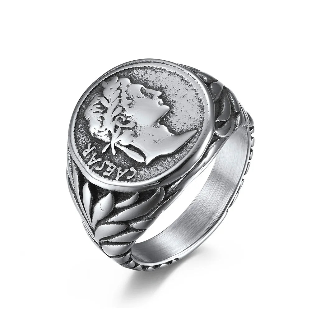 Männer Vintage Römisches Reich Caesar Ringe Edelstahl Silber/Gold Farbe Münze Caesar Kopf Signet Männer Ringe Mode Schmuck