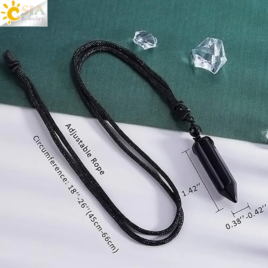 CSJA Sechseckige Naturstein-Anhänger-Kristall-Halskette für Damen und Herren, Amethyst, Tigerauge, schwarzer Obsidian, verstellbare Seilkette H477