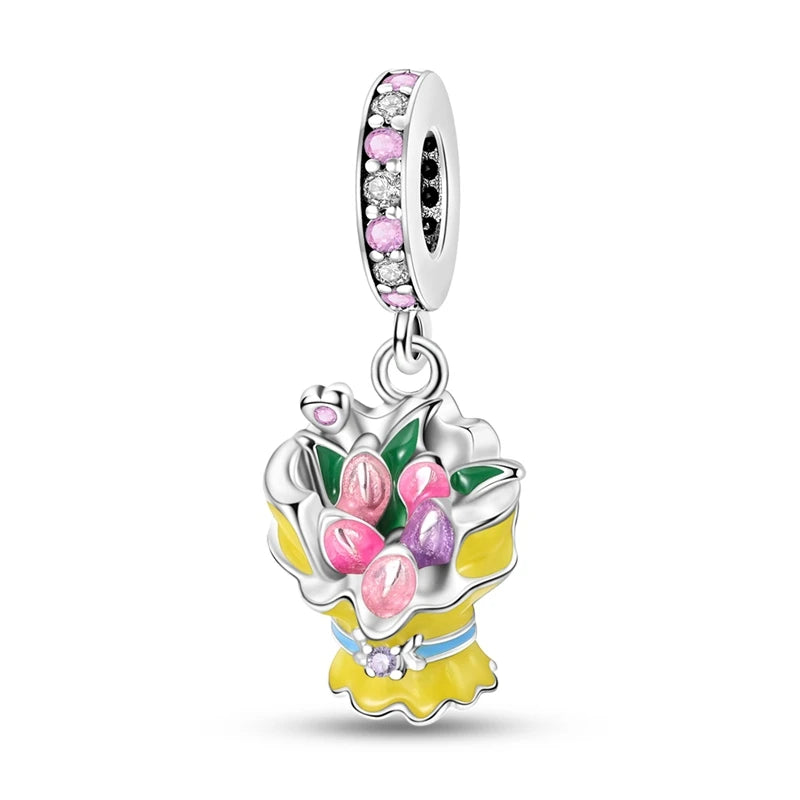 Charms-Perlen der Blumenserie, Original-Anhänger aus 925er-Sterlingsilber, Lotus-Tulpe, Rose, Nelke, passend für Armbänder, Damenschmuck, DIY-Geschenk