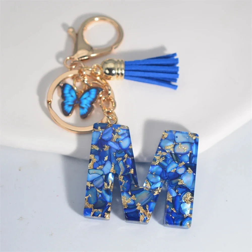 Modischer blauer glasierter Stein, A bis Z, Buchstaben-Schlüsselanhänger, 26 Initialen, Alphabet, Schmetterling, Quaste, Anhänger, Auto-Schlüsselanhänger, Damenschmuck, Geschenke