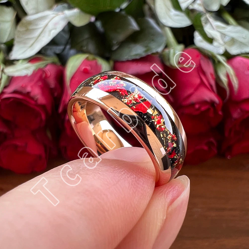 Dropshipping 6mm 8mm 18k Gold Farbe Kuppel Ehering Schöner Wolframkarbid Ring mit roter und Goldfolieninlage Comfort Fit