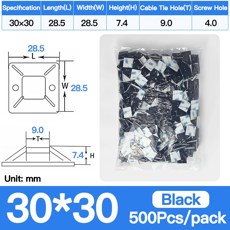 250/500/1000 Stück Kabelbinderhalterungen, langlebige Clip-Klemme, Wandhalter, Basis, selbstklebende Rückseite, Kabelbinder, Halterung, Kabel, Draht