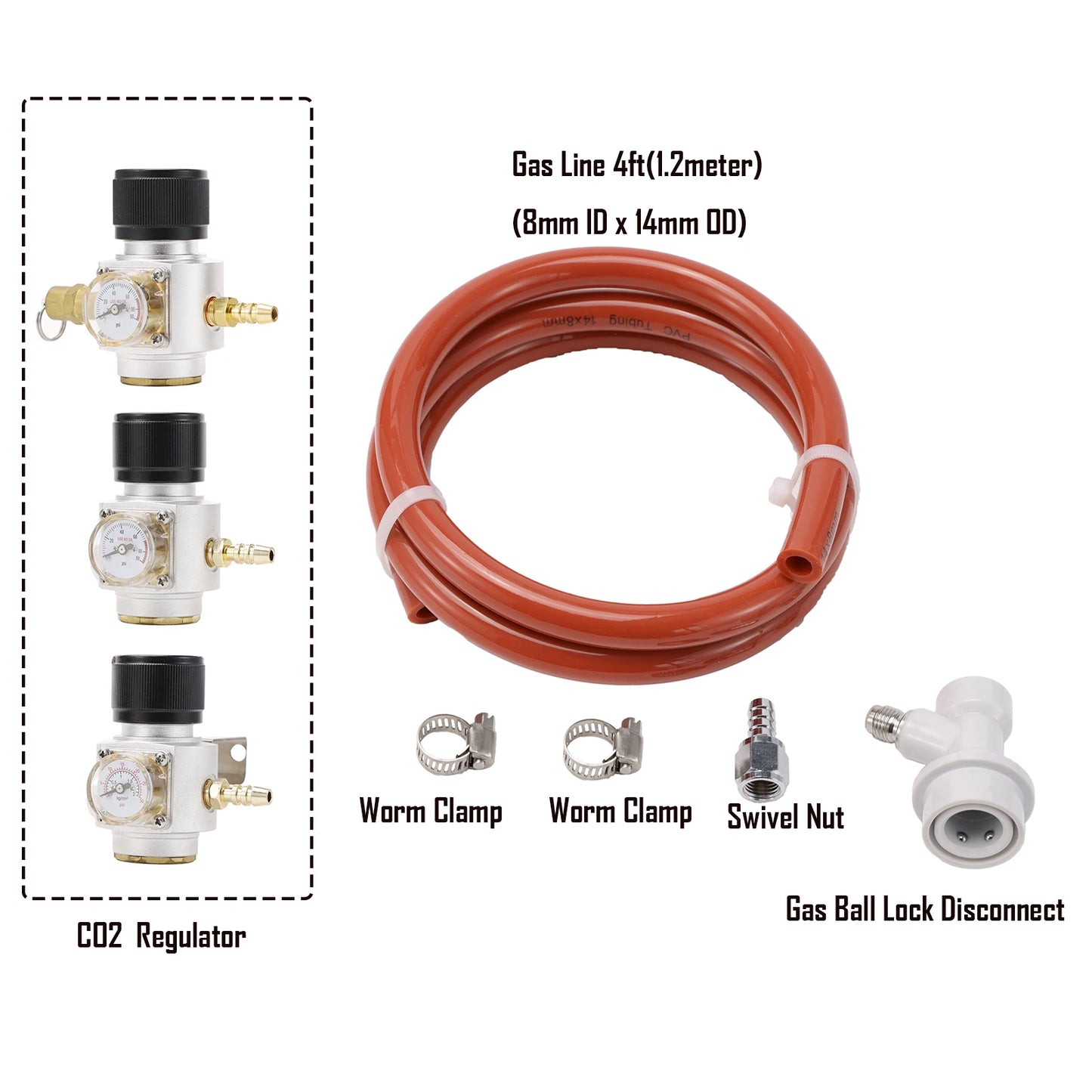 Mini-CO2-Regler, 4 Fuß Gasleitung und Kugelschloss-Armaturen, Tr21 x 4 Einlass, Sodawasser, selbstgebrautes Bier, Karbonisierung, Fassungsteile