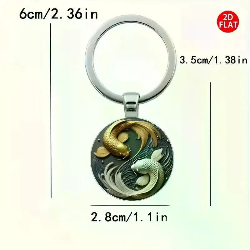 Modischer neuer 2D Yin Yang Koi runder Glas-Schlüsselanhänger, Glücksanhänger, modische Tasche und Autoschlüssel-Dekoration, Weihnachtsgeschenk