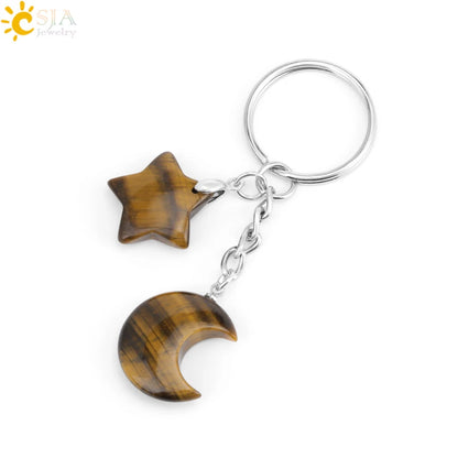CSJA Healing Naturstein Schlüsselbund Trendy Mond Sterne Charm Bead Anhänger Silber Farbe Halter Schlüssel Ring Auto Schlüssel Ring Tasche Dekor H368