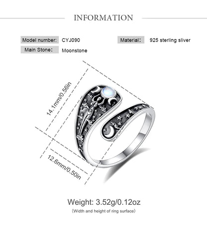 Eudora Verstellbarer Ring aus 925er-Sterlingsilber mit dreifacher Mondgöttin, Mondstein, Hekate, Amulett, Löffelring, Vintage-Schmuck, Geschenk für Frauen