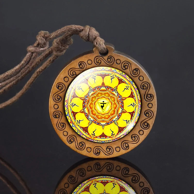 Mandala glass necklace, retro art, wooden pendant, Buddhist sacred geometry, jewelry, spiritual yoga gift