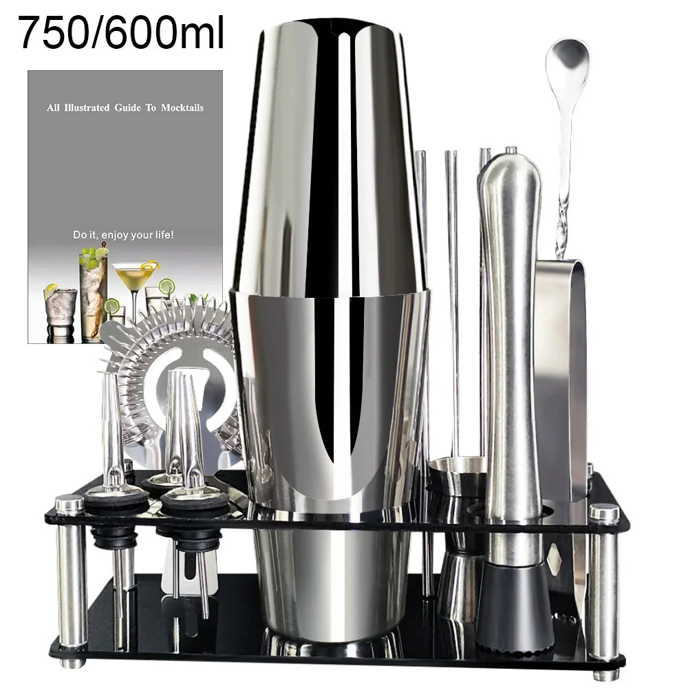 13-teiliges 750 ml 600 ml Cocktail-Shaker-Set, Bar-Werkzeuge aus Edelstahl mit schwarzem Ständer, 750 ml Shaker, Jigger, Löffel, Ausgießer