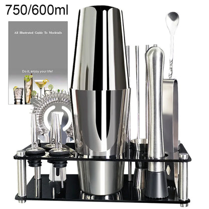 13-teiliges 750 ml 600 ml Cocktail-Shaker-Set, Bar-Werkzeuge aus Edelstahl mit schwarzem Ständer, 750 ml Shaker, Jigger, Löffel, Ausgießer