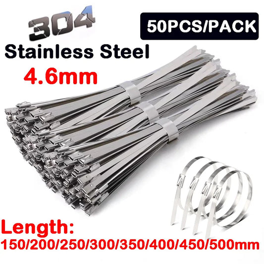 50 Stück 304 # Edelstahl-Metallkabelbinder, 150 mm–500 mm, selbstsichernde, hohe Temperaturbeständigkeit, Oxidationsbeständigkeit, 4,6 mm Kabelbinder