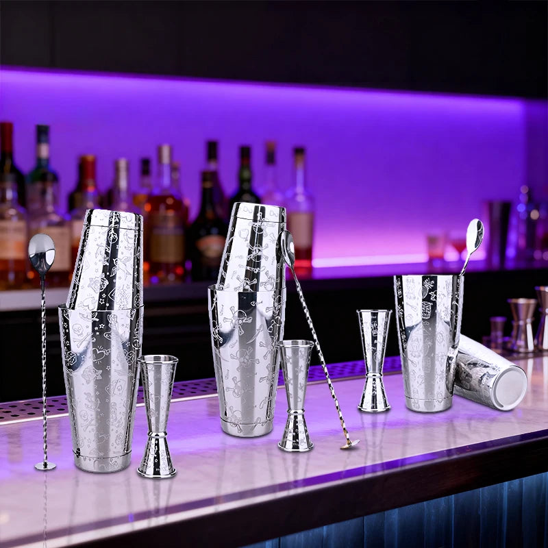 Elegantes Edelstahl Boston Cocktail Shaker Set 500/700ml+30/60ml Jigger — Graviert, Barkeeper, Barzubehör, Mixer, Professionell