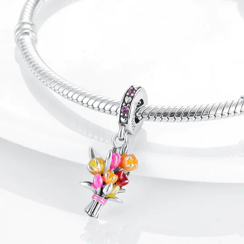 Romantische elegante Blumen-Charms aus 925er Silber, Sonnenblume, Tulpe, Rose, Nelke, Anhänger, passend für Original-Armbänder, DIY-Herstellung von Schmuck, Geschenken