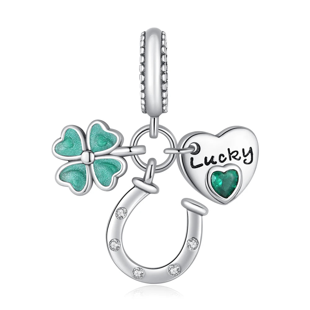 Glücksbringer aus 925er-Sterlingsilber mit vierblättrigem Kleeblatt, Hufeisenkrabbe, Marienkäfer-Zahlen-Charm, passend für DIY-Armbänder, Halsketten, Gesundheit, Glücksgeschenke