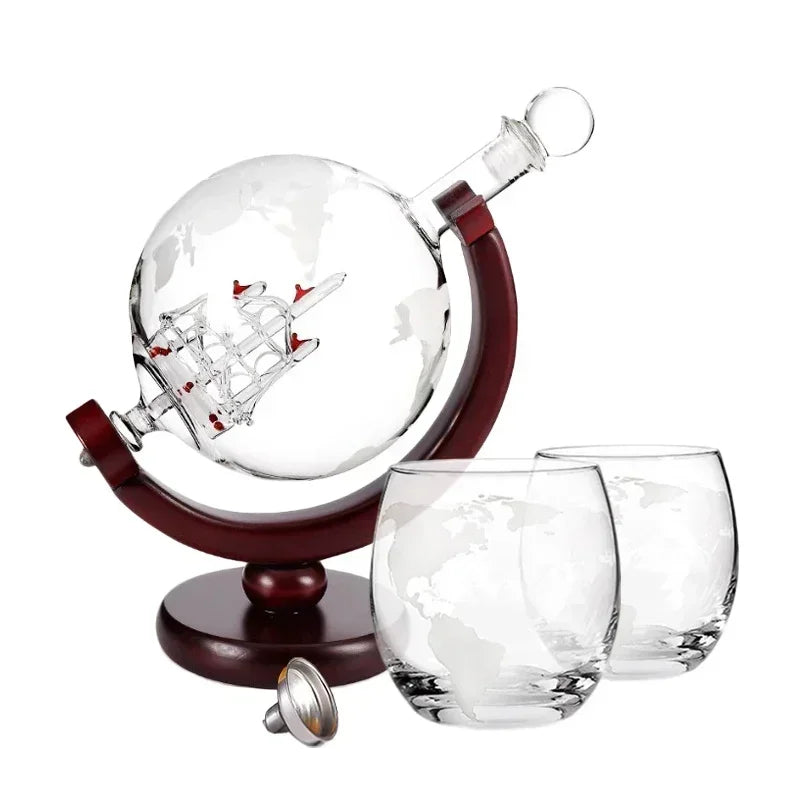 Kreatives Globus-Dekan ter-Set mit bleifreier Karaffe, exquisitem Holz ständer und 2 Whisky gläsern Whisky-Dekan ter Globe Grade-Geschenk