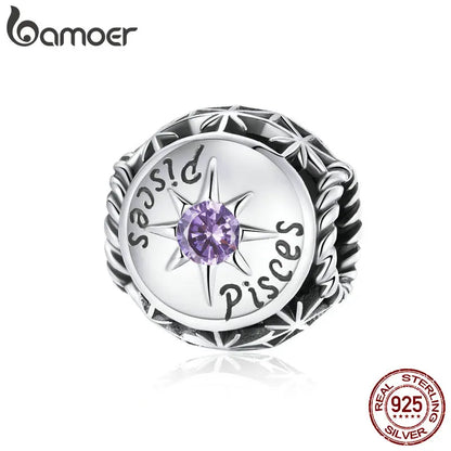 BAMOER Sternzeichen-Charm-Perlen aus 925er-Sterlingsilber, passend für Charm-Armbänder, 12 Sternbilder, Zirkonia-Charm SCC1725