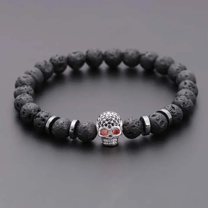 Black Eye Skull Hematite Beaded Bracelet Men Classic Handmade 8mm Lava Stone Charm Bracelet for Men Jewelry Gift