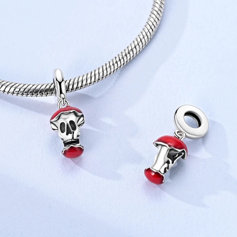 Herz- und Orgel-Charm, 925er-Sterlingsilber, roter Rosenschädel, baumelnder Anhänger, dunkle ästhetische Passform, Armreif, Halskette, DIY-Schmuck