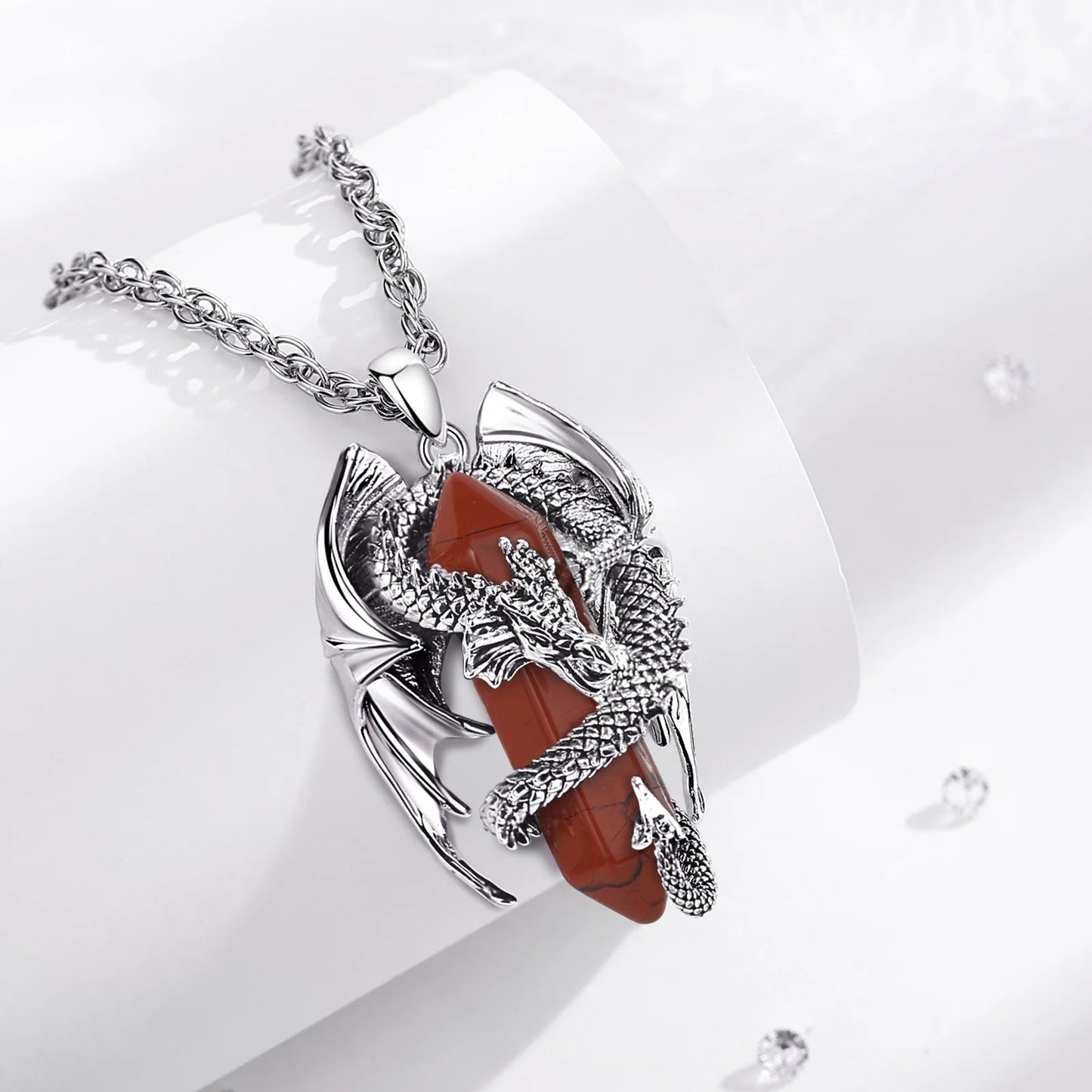 Eudora-Drache umwickelter roter Jaspis, sechseckiger Anhänger, Heilstein, Kristall-Amulett-Halskette, spiritueller Schmuck, Geschenk für Frauen und Männer