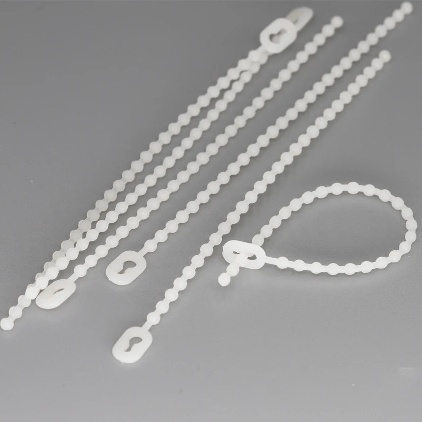 100 Stück 1,5 x 100 mm, 2,5 x 150/180 mm, weißer Nylon-Kunststoff, wiederverwendbar, lösbar, Drahtverschluss, Schleife, Perlenknoten, Kugel, Kabelbinder